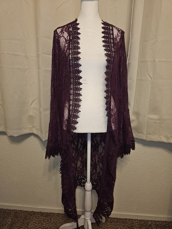 Polly & Esther Sweaters - Modcloth Polly Esther Duster Lace Kimono Cover-Up Maroon Fairy Bell Sleeves